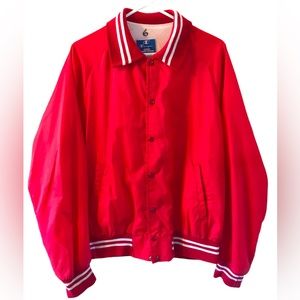 Red nylon collegiate varsity jacket red and white striped ribbed knit collar